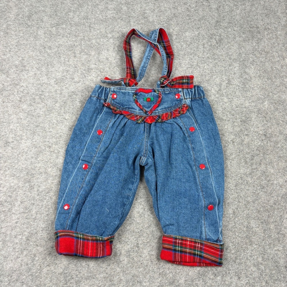 Koby Kids Denim Suspender Pants Toddler 2T Plaid Heart Ruffle Red Blue Vintage